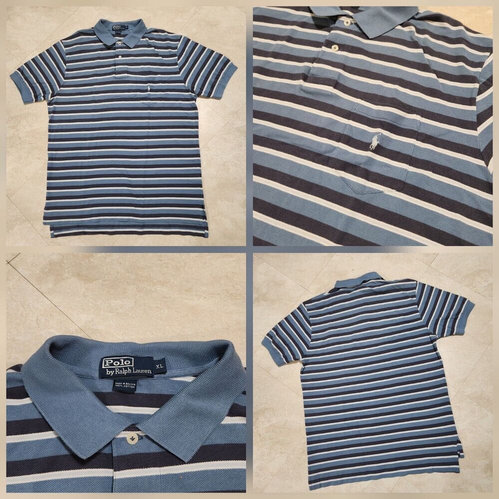 VTG Polo Ralph Lauren PRL Mens XL Stripe Pocket Polo T Shirt Blue Black White
